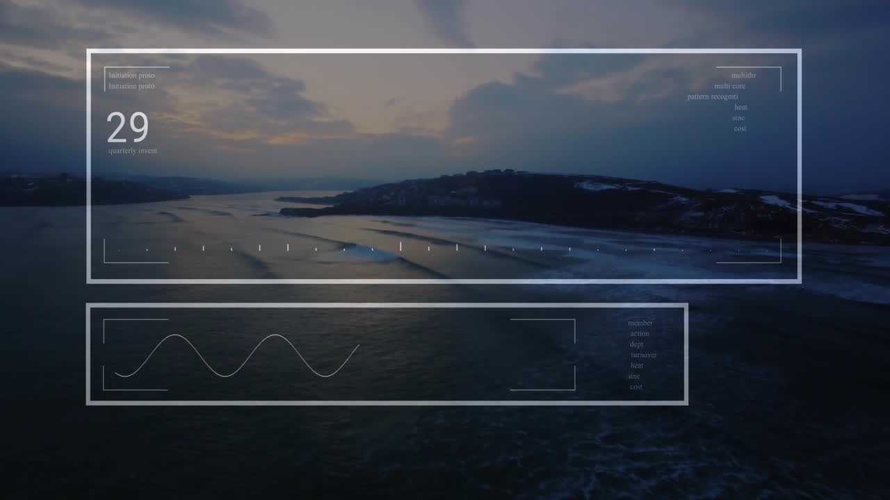 HUD appearing over coastal channel and island, updating numbers and bars while surveying coastline