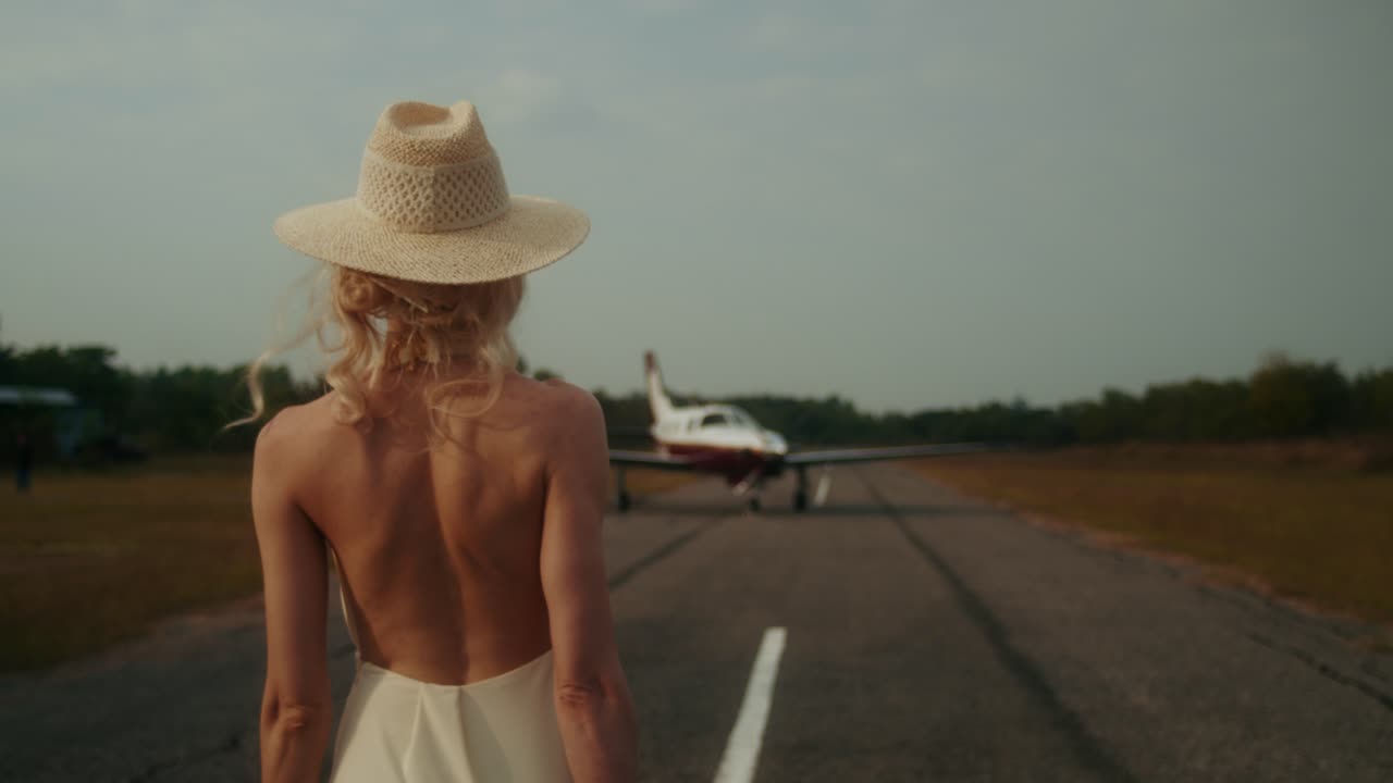 Woman in White Dress at Airport Runway