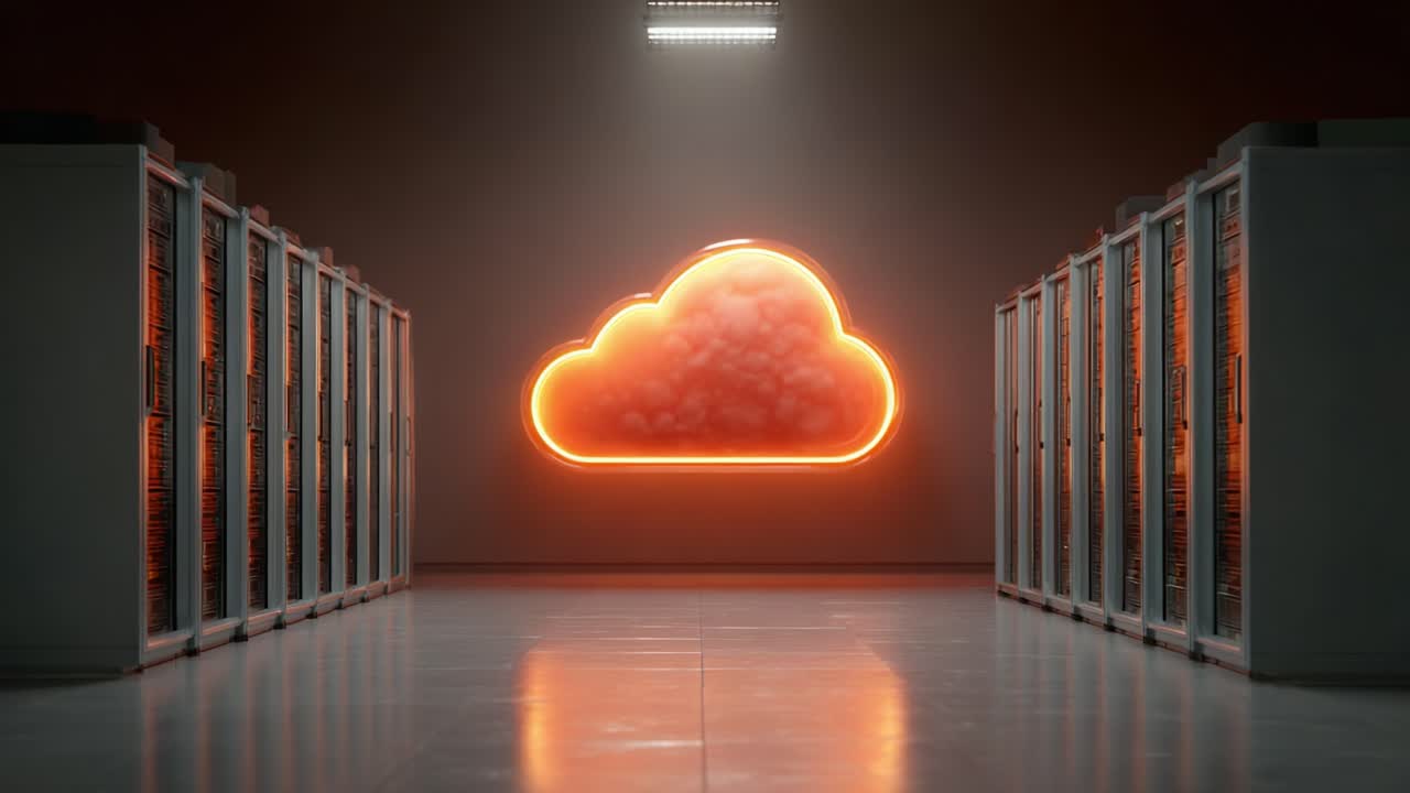 A modern data center showcasing a bright, illuminated cloud symbol against a backdrop of server racks, symbolizing cloud computing and data storage technology