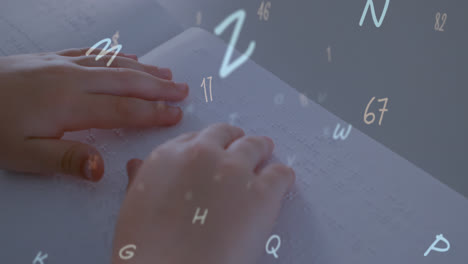 animation of letters and numbers over caucasian girls reading braille