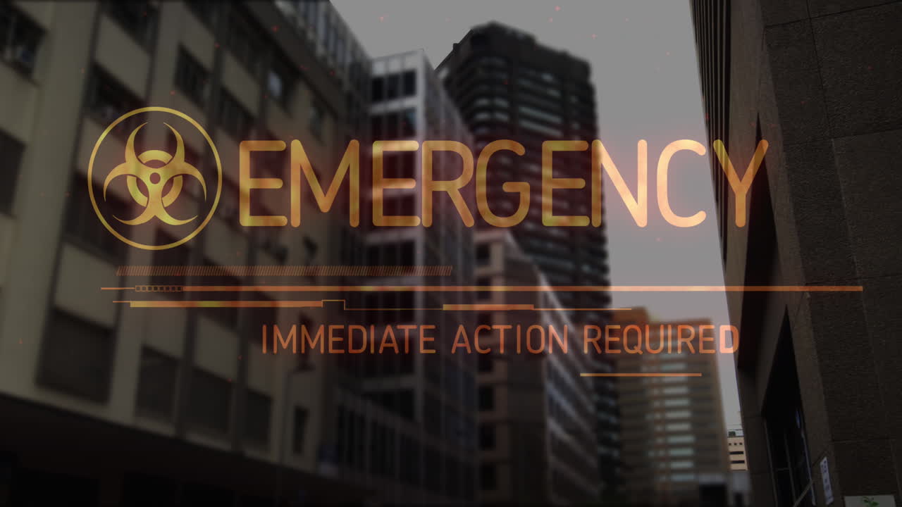 animación del símbolo de peligro biológico y el texto de emergencia sobre el paisaje urbano