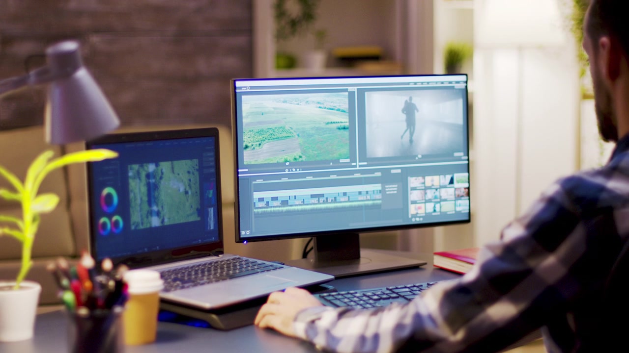 Montatore video al lavoro su un progetto professionale nel suo home office.