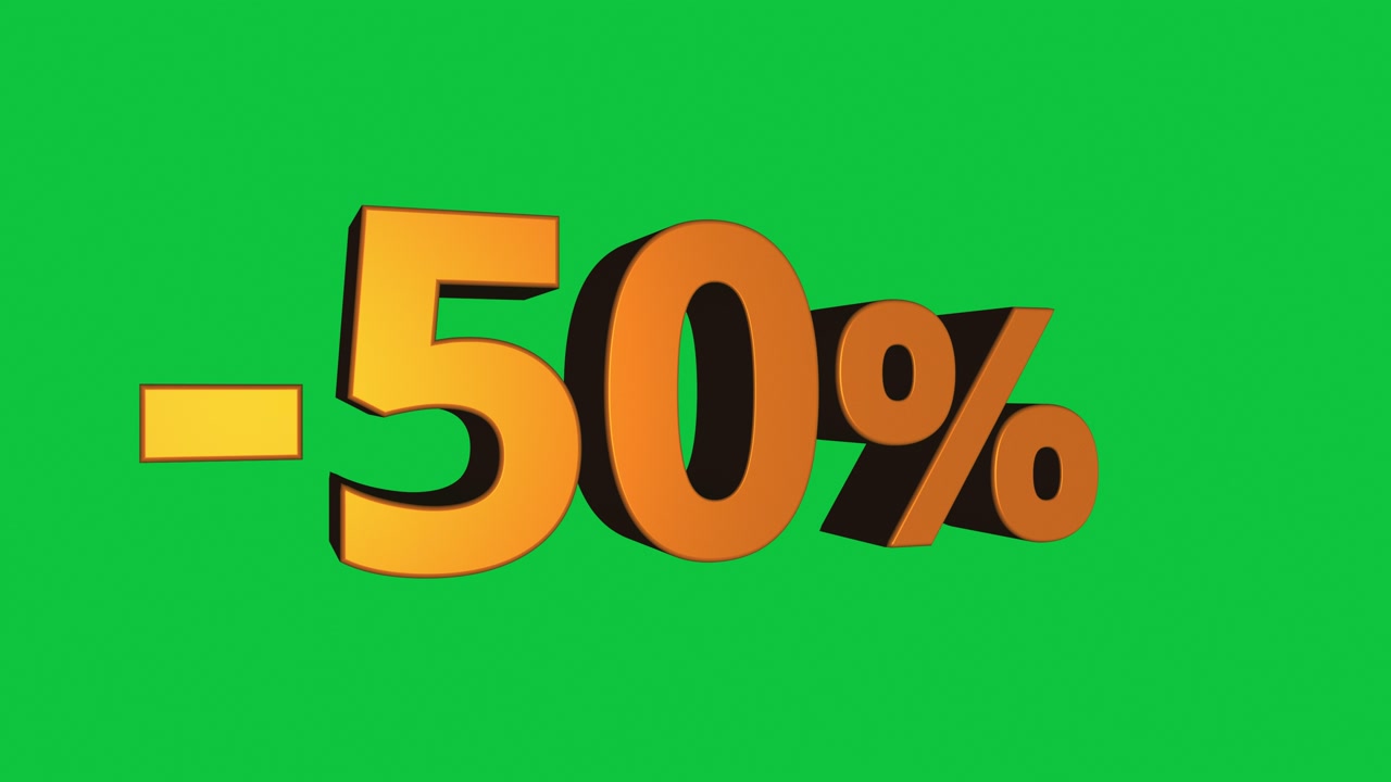 Animated 3D minus 50 percent sign rotating on green background in seamless loop