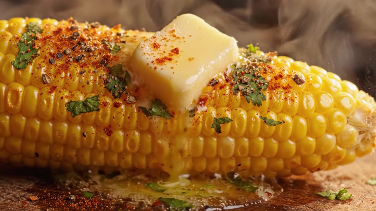 Milho na espiga deliciosamente temperado, coberto com manteiga derretida e ervas frescas, perfeitamente grelhado e pronto para saborear em cada mordida suculenta