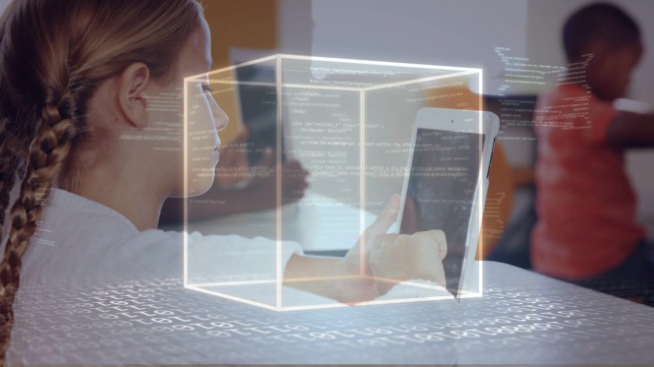 Braided girl tapping tablet, animating wire cube around hands and code lines for classroom learning
