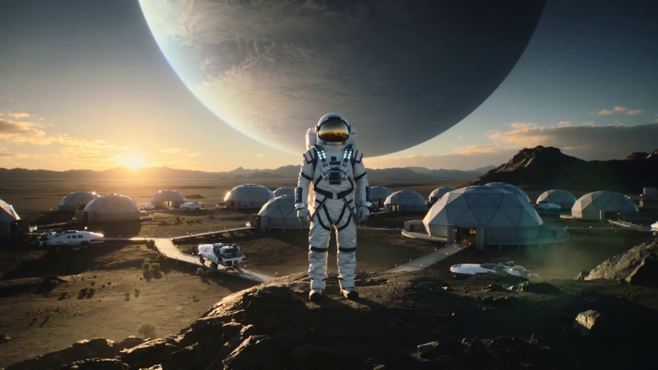 Stående astronaut i hvid dragt vender mod koloni ved daggry, solen står op og varmer kupler, mens rover bevæger sig.