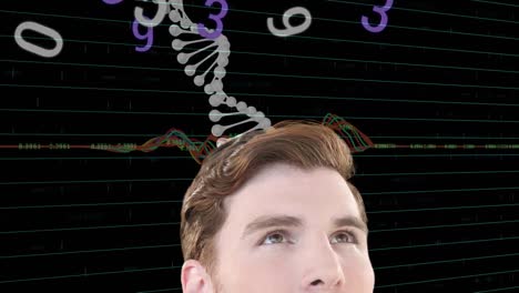 Animation-of-man-looking-up-and-rotating-dna-strand-over-graph-and-data-processing-on-black