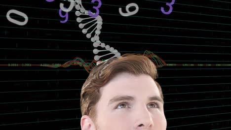 animación de un hombre mirando hacia arriba y girando la cadena de adn sobre gráfico y procesamiento de datos en negro