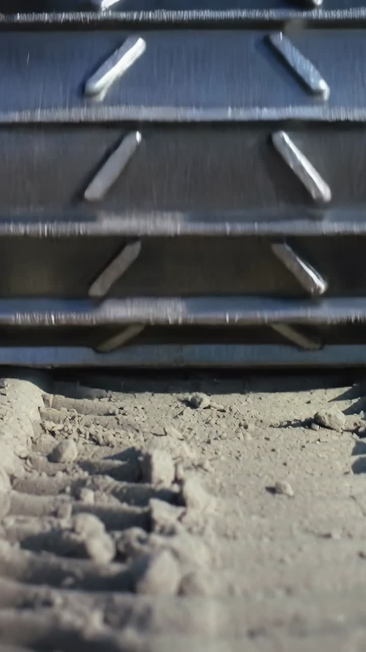 Vertical video: Filming low camera shift showing dark grill and sand settling on ground, with tread