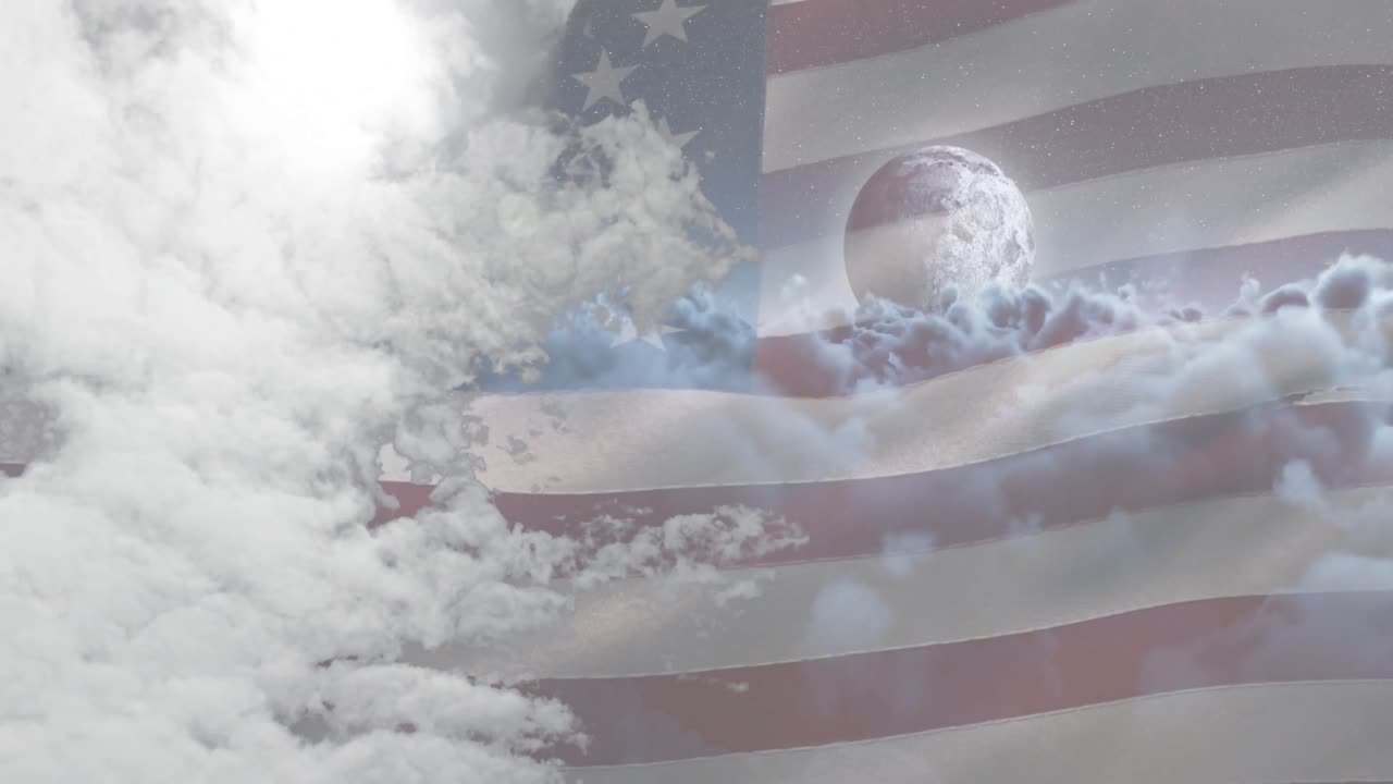 Cloud formation drifting and pushing flag stripes waving and moon fading showing weather shift