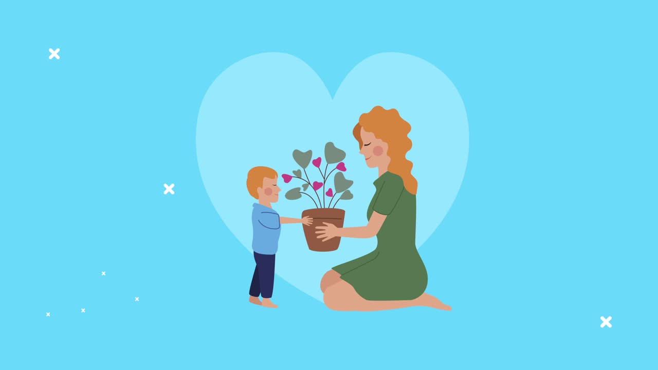 feliz día de la madre tarjeta con el hijo dando planta a la madre