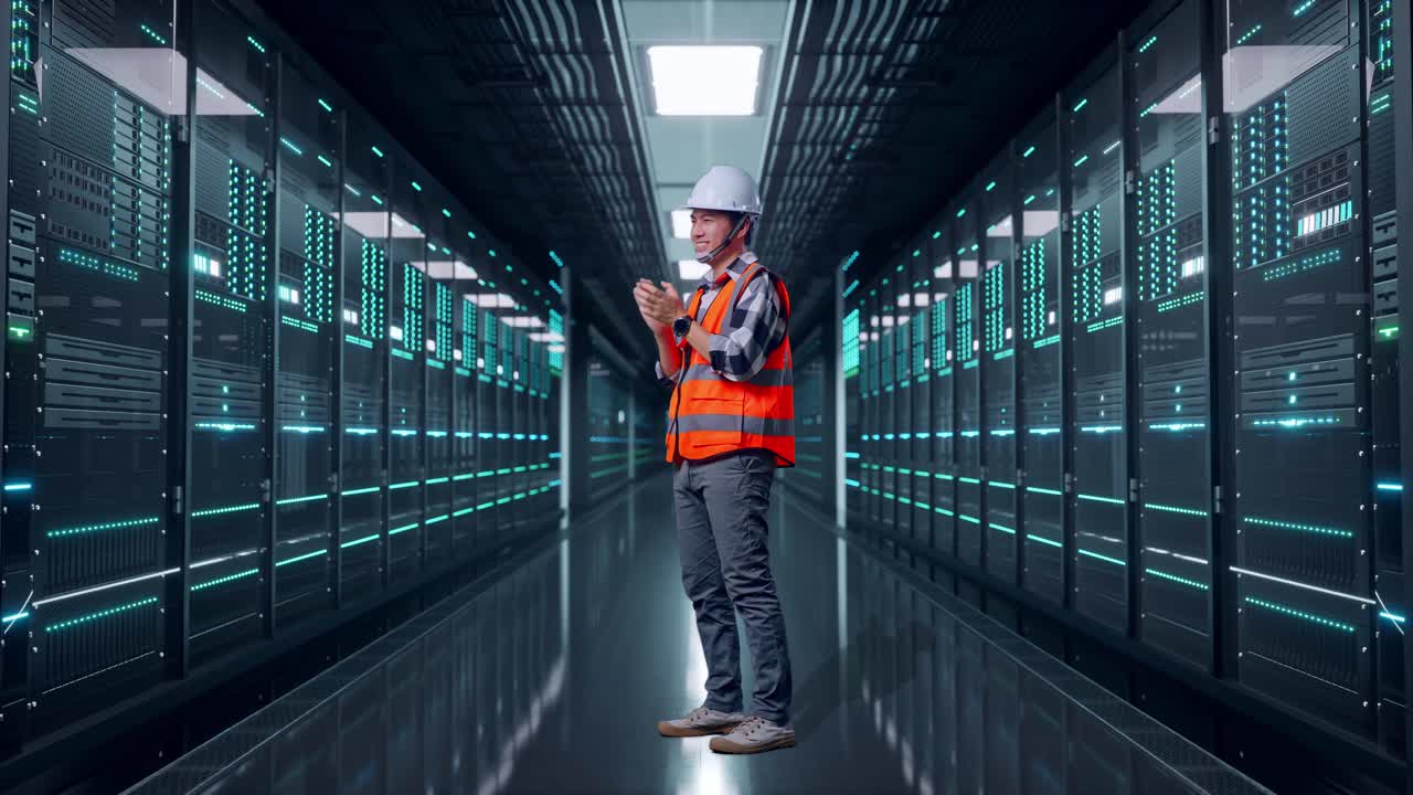 Full Body Side View Of Asian Male Engineer With Safety Helmet Smiling And Clapping His Hands While Standing in Server Room Data Center