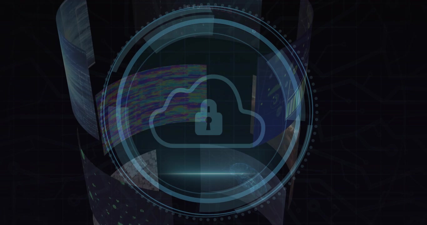 Cyber Security text activating HUD cloud lock appearing progress filling securing cloud monitoring