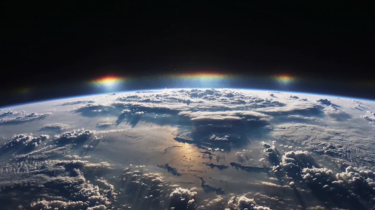 Shifting camera revealing Earth's curved limb from low orbit, cloud tops, sun glint, rainbow halos