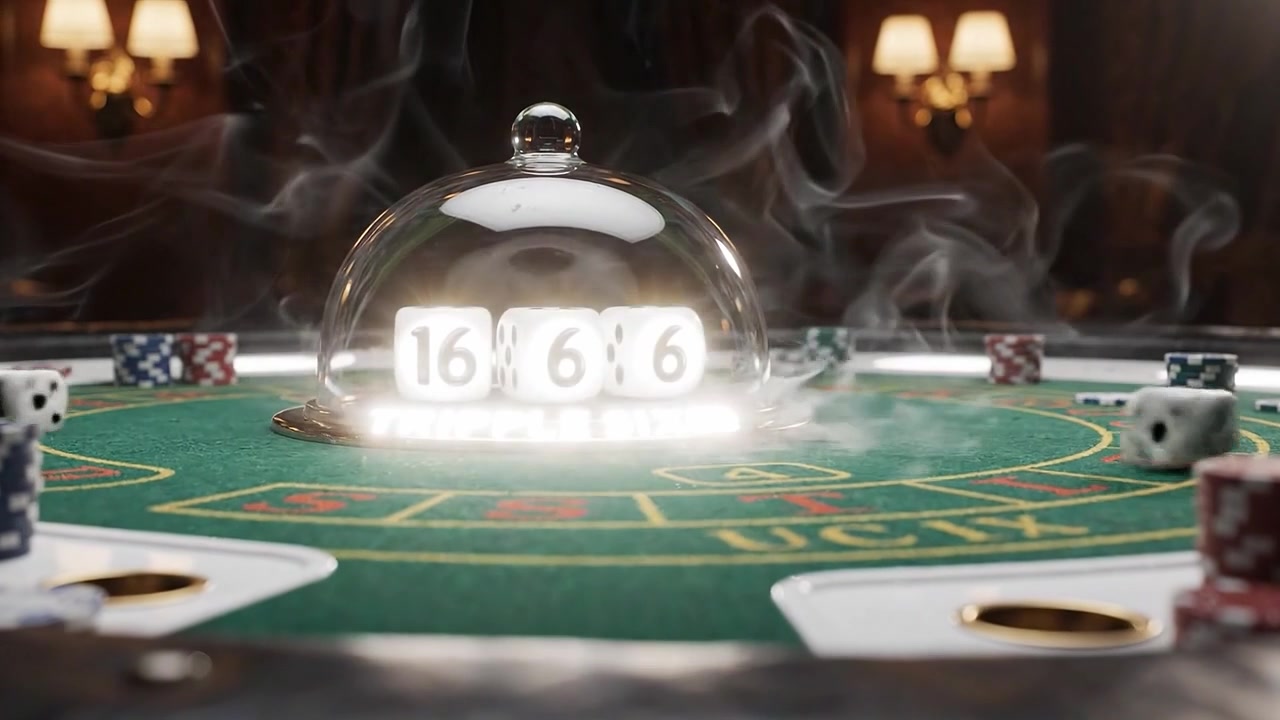 Momento accattivante a un tavolo da casinò: i dadi mostrano 16, 6, 6 con un'atmosfera emozionante e azione ad alto rischio sotto un'illuminazione fioca ed effetti di fumo.