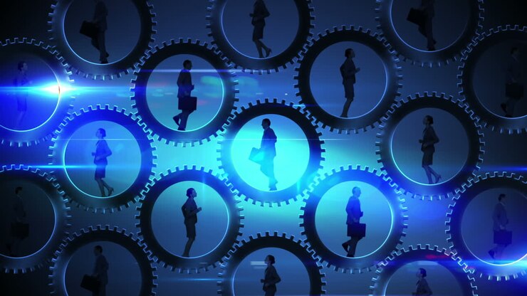Business people running and turning cogs