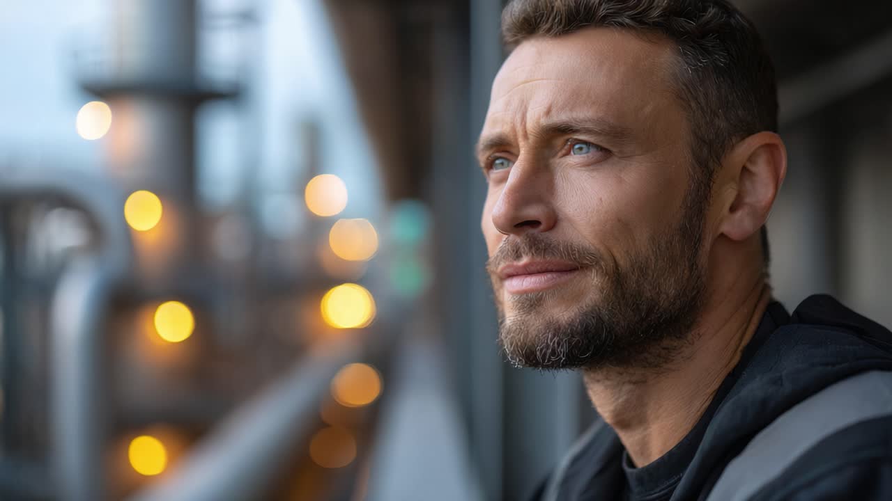Nachdenkliches Profil eines Mannes, der gedankenverloren nach außen blickt, vor einer urbanen Kulisse mit sanften Bokeh-Lichtern, die eine verträumte Atmosphäre schaffen