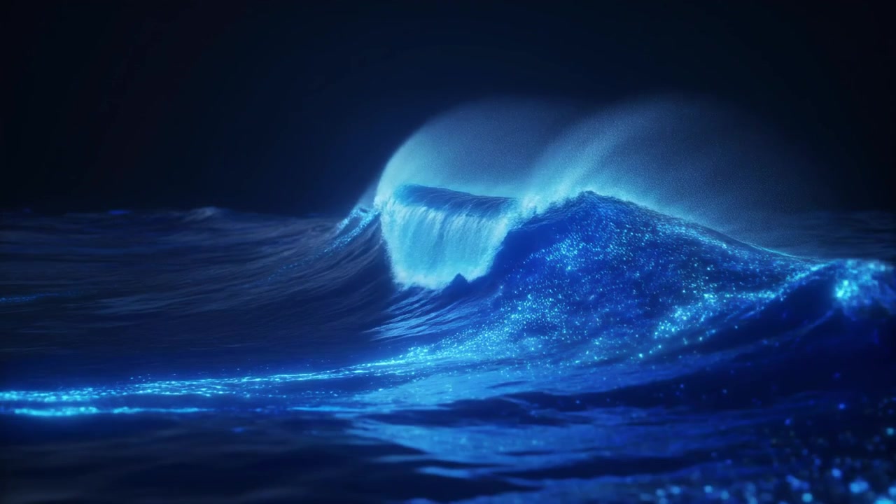 Bioluminescent Ocean Wave Glowing at Night