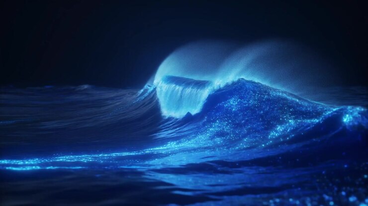 Onda oceanica bioluminescente che si illumina di notte
