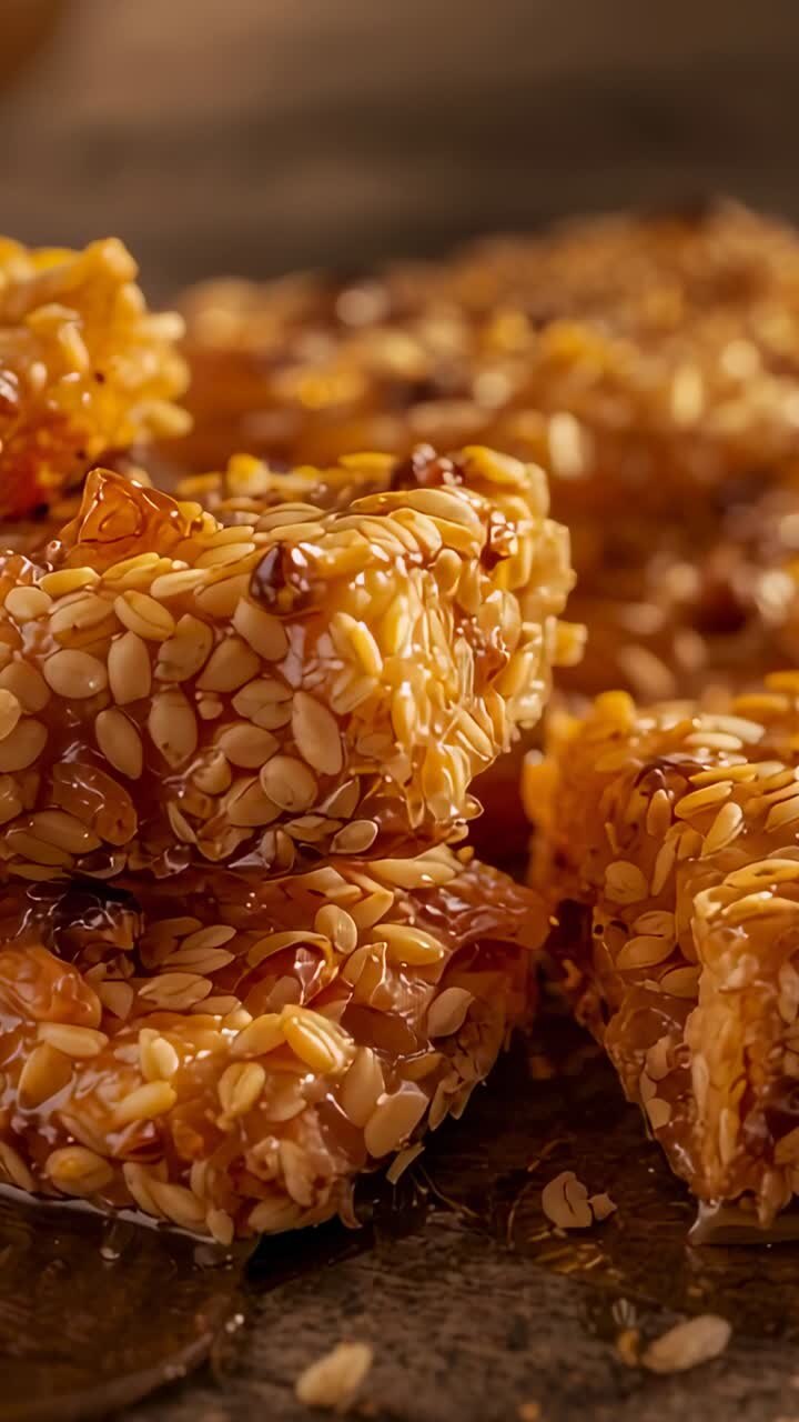 Vertical video: Framing camera pulling focus on stack sesame brittle on dark tray, showing syrup