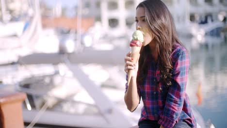 woman enjoying ice cream on vacation