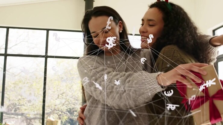 Woman touching ear, offering wrapped gift for holiday, friend receiving hug, finance icons overlay