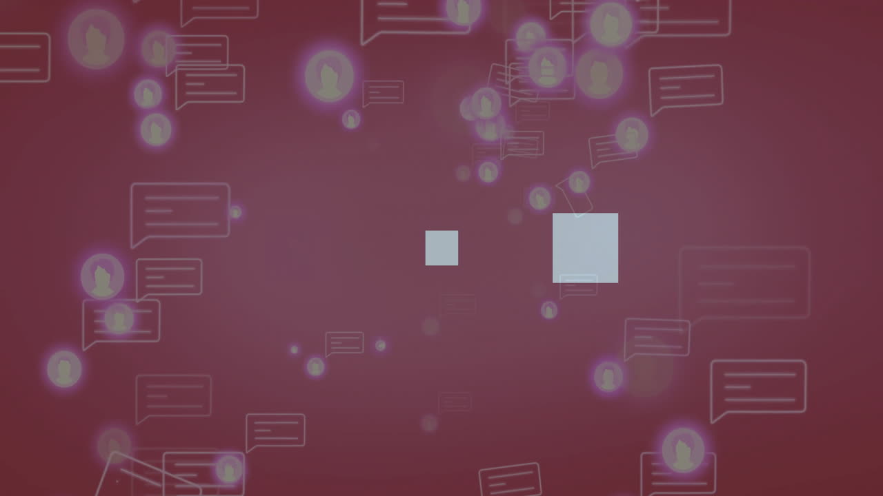 Animation of chat bubbles and digital communication icons floating on red background