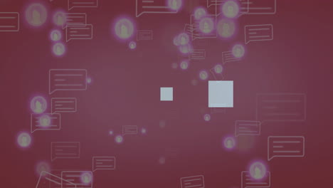 animation of chat bubbles and digital communication icons floating on red background