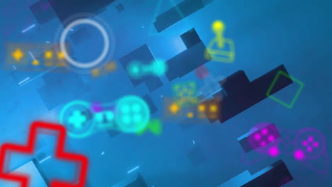 animación de rayos de neón rosados y azules sobre controladores de videojuegos, iconos y bloques en azul