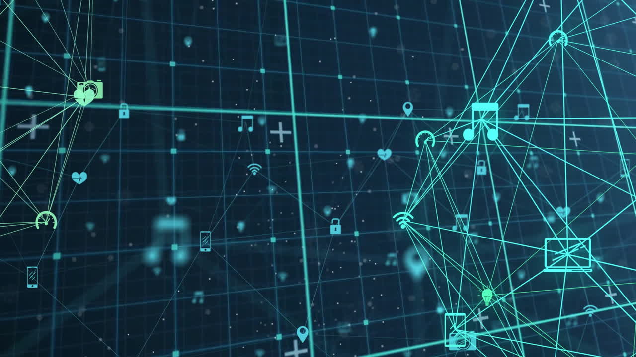 Animation of network of connections with icons on black background