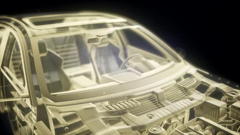 holographic animation of 3d wireframe car model with engine