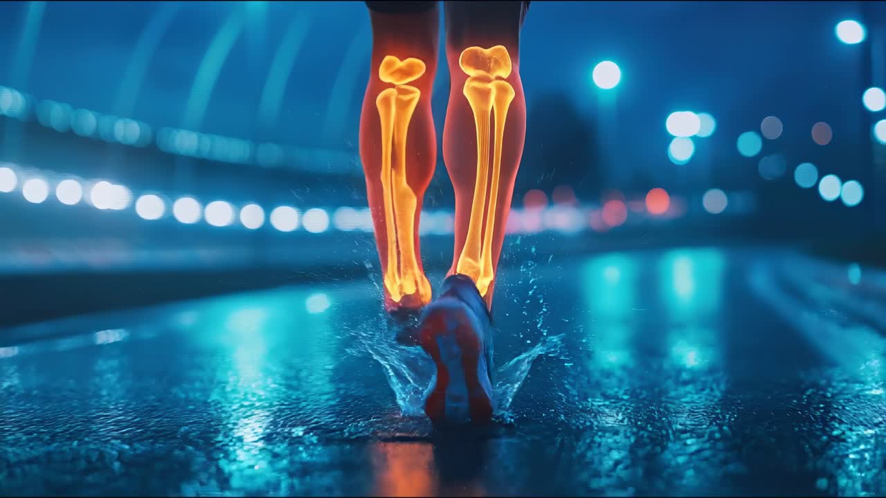Video con angolazione bassa di un corridore di notte, che evidenzia l'anatomia delle gambe con effetti al neon.
