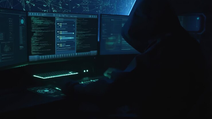 Hacker che lavora ai computer in una stanza buia