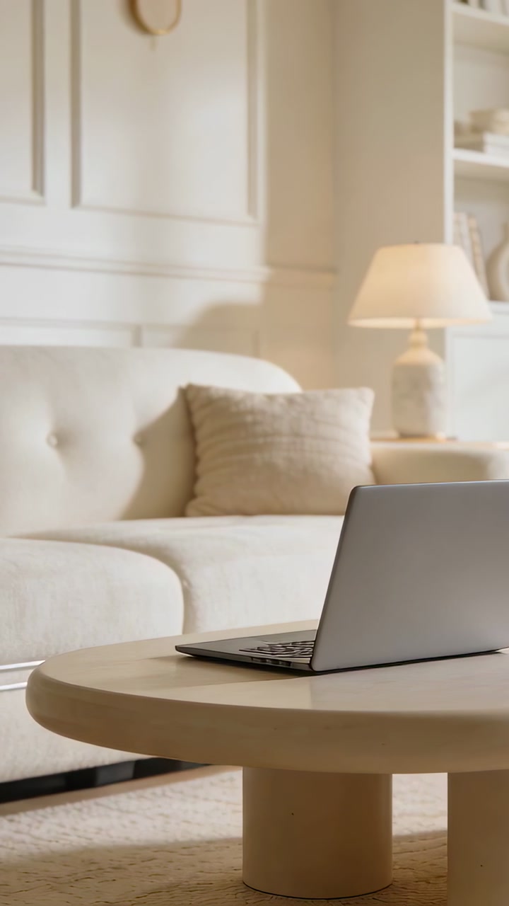 Vertical video: Panning camera over frames revealing laptop and lamp details in living room