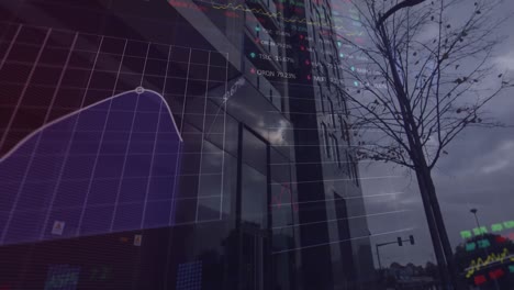 Animation-of-stock-market-data-processing-against-low-angle-view-of-a-tall-building