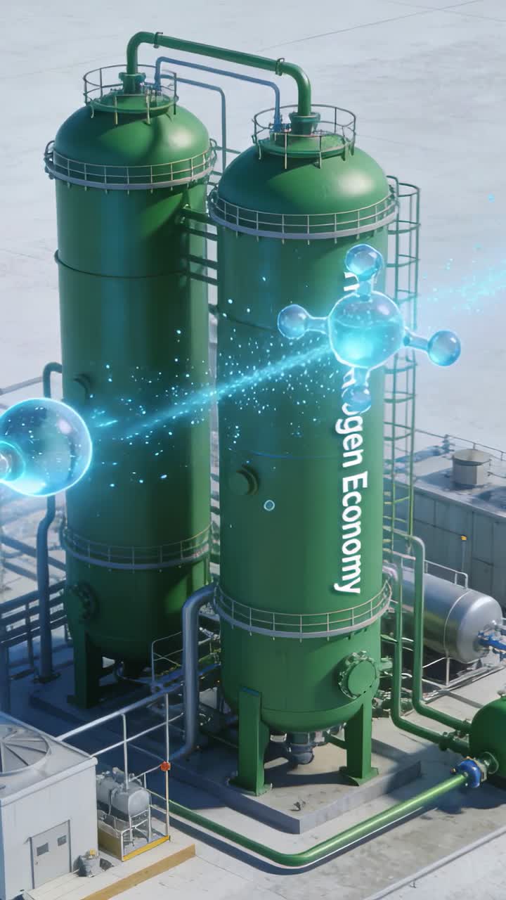 Vidéo verticale: Graphique O2 lançant un faisceau bleu, deux réservoirs lumineux dans une usine montrant l'économie de l'hydrogène
