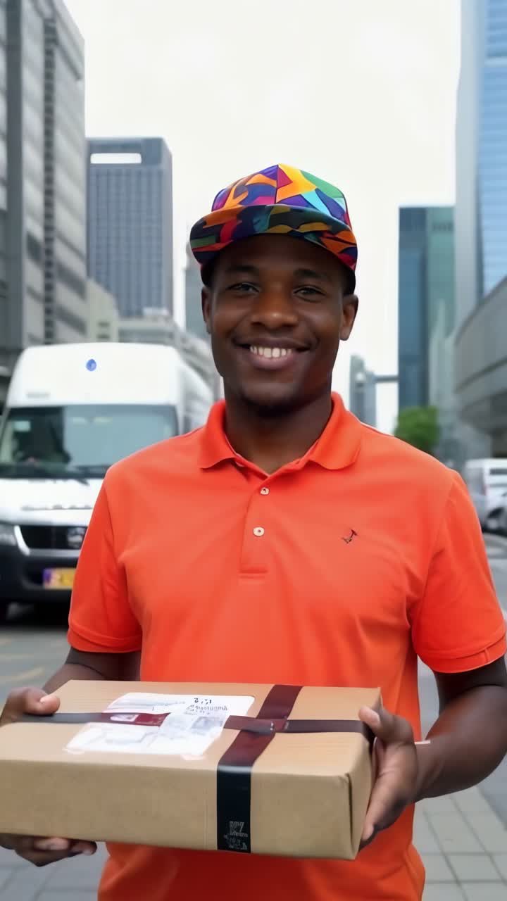 Smiling Delivery Man Holding Package in City
