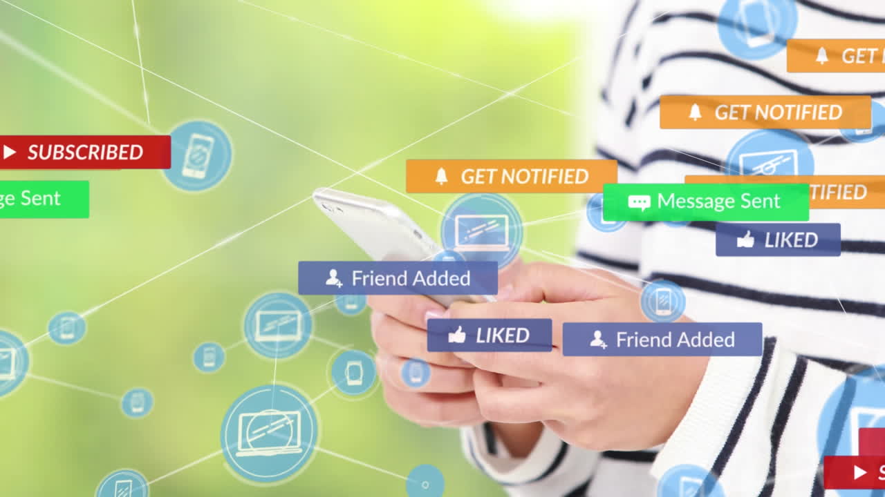 Animation of connected icons with notifications over midsection of caucasian woman using cellphone