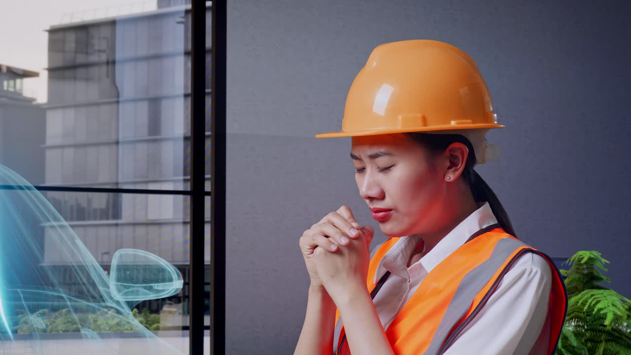 안전 헬을 입은 아시아 여성 엔지니어의 가까운 측면 뷰 전기 차량의 개념과 함께 서있는 동안 무언가를 위해 기도