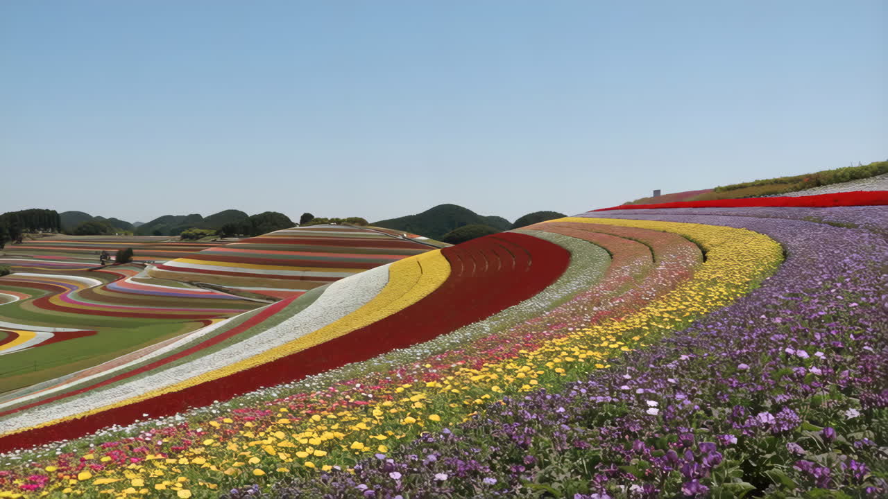 Vibrant Striped Flower Fields on Rolling Hills