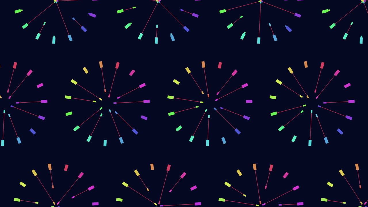 Sfondo animato con esplosioni di fuochi d'artificio geometrici e colorati su uno sfondo blu scuro.