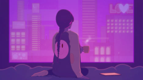 chica con café junto a la ventana de la ciudad por la noche