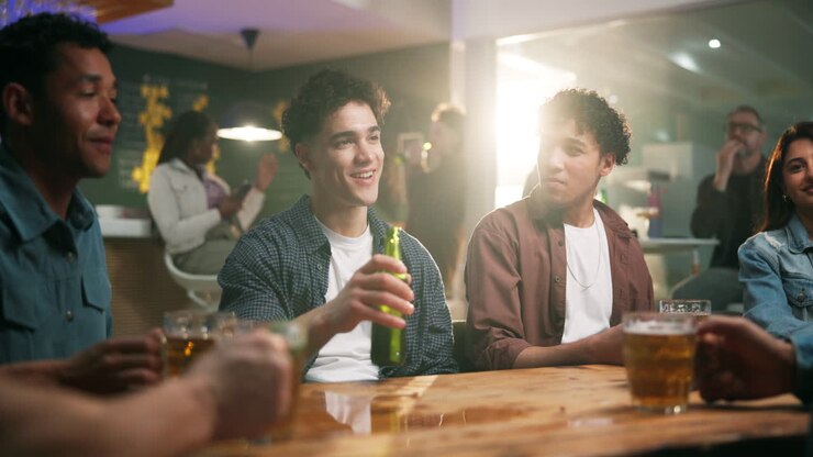 Amici che brindano con la birra in un bar