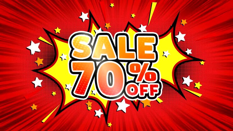 Parola "Saldi 70% di sconto" in bolle fumetto retrò, loop continuo
