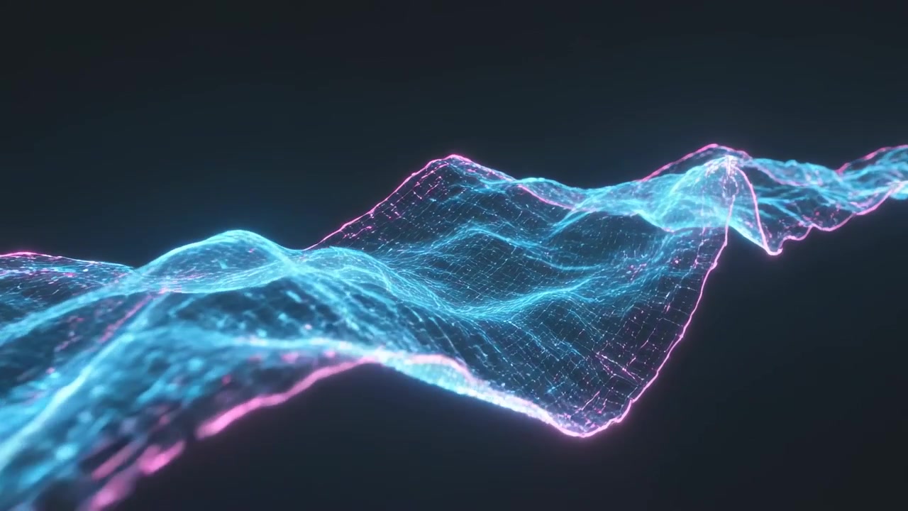 Moving camera revealing blue wireframe mesh undulating in dark studio to increase depth, with nodes