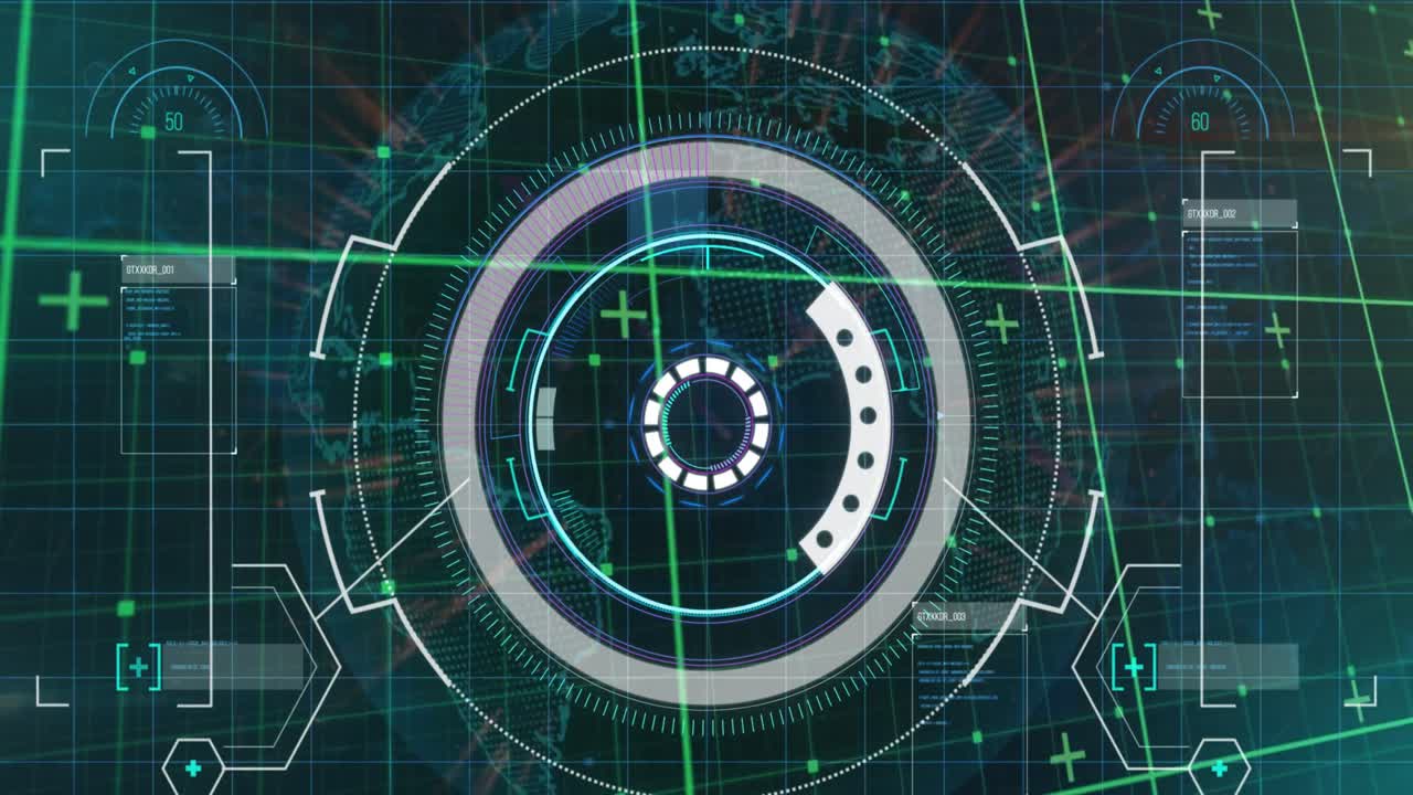 animación de círculos y lenguaje informático sobre mapa y globo sobre un fondo abstracto