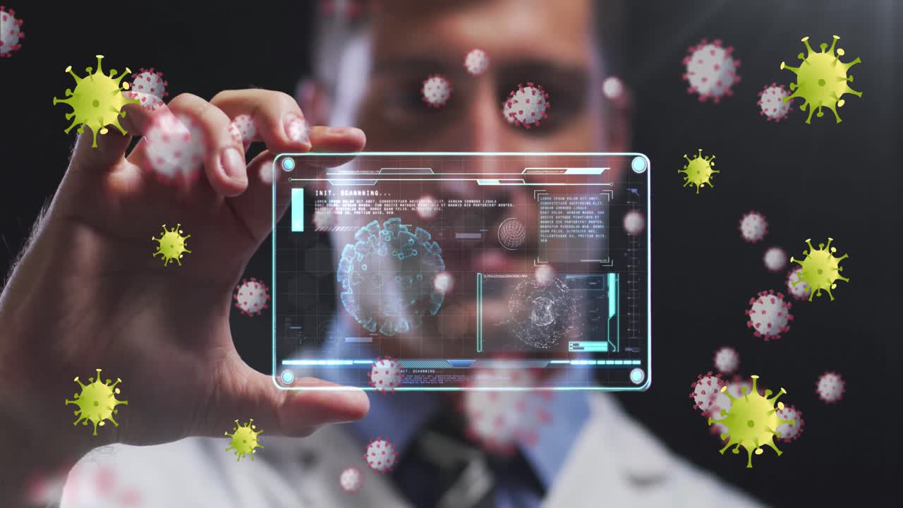 animación de células amarillas del virus sobre médico caucásico con tarjeta digital con datos del virus