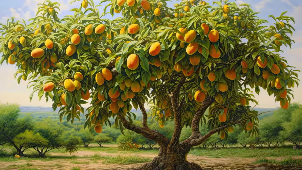 A vibrant mango tree laden with ripe fruit