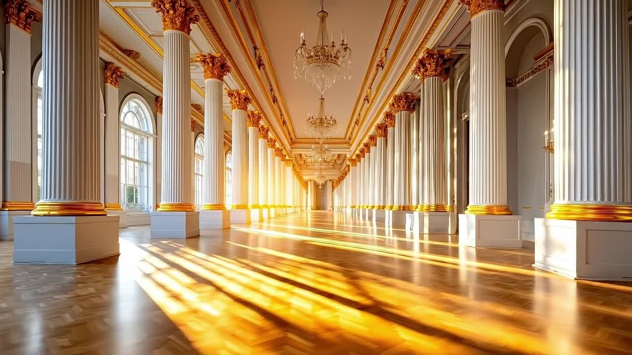 A long hallway with columns and a chandelier in a building