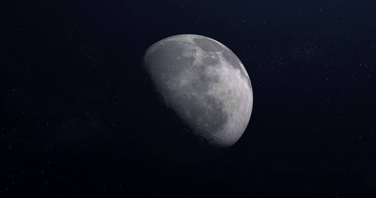 Viajando para a Lua no espaço. Animação realista, renderizada em 3D, altamente detalhada 4K (4096x2160)